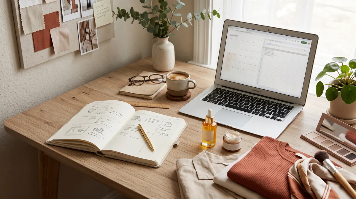 Mesa de planejamento de loja de moda com caderno, laptop e produtos, representando método de gestão de e-commerce