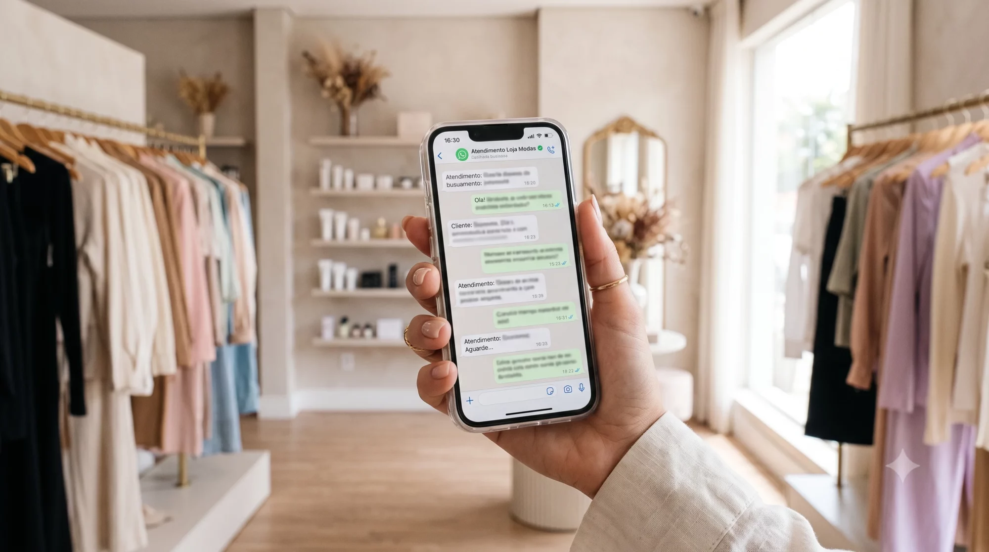 Chatbot com IA para WhatsApp exibindo atendimento automatizado de e-commerce em smartphone