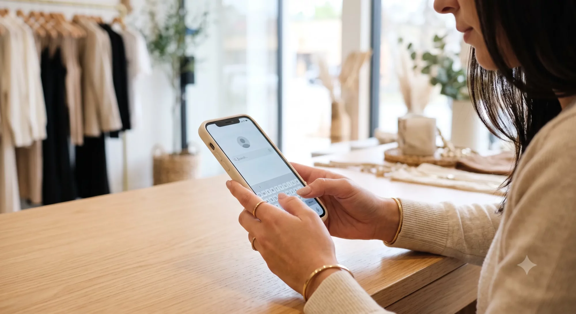 Consumidora pesquisando produto de moda e beleza no smartphone demonstrando intencao de compra