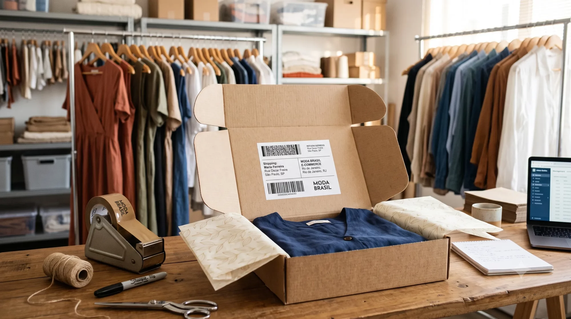 Mesa de expedição de e-commerce de moda bem organizada com caixa de envio