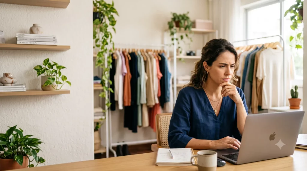 Empreendedora analisando planilhas de gestão de e-commerce