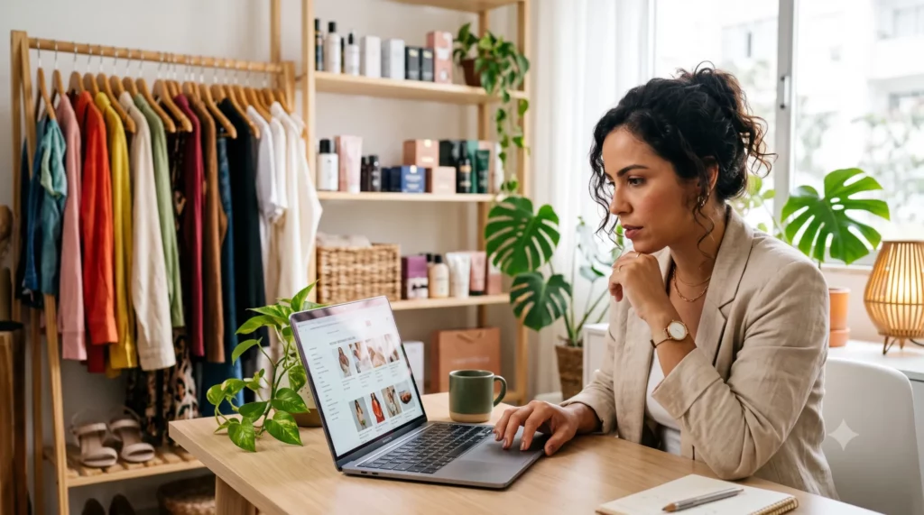 Empreendedora revisando campanha de Google Ads para e-commerce no laptop