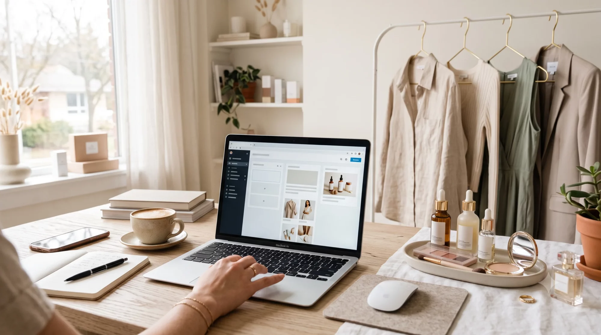 Mesa de trabalho com laptop rodando ferramenta de ia para criar anúncios e descrições de produto para e-commerce