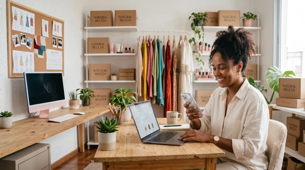 Empreendedora dona de e-commerce de moda e beleza trabalhando com inteligência artificial para vendas em home office claro