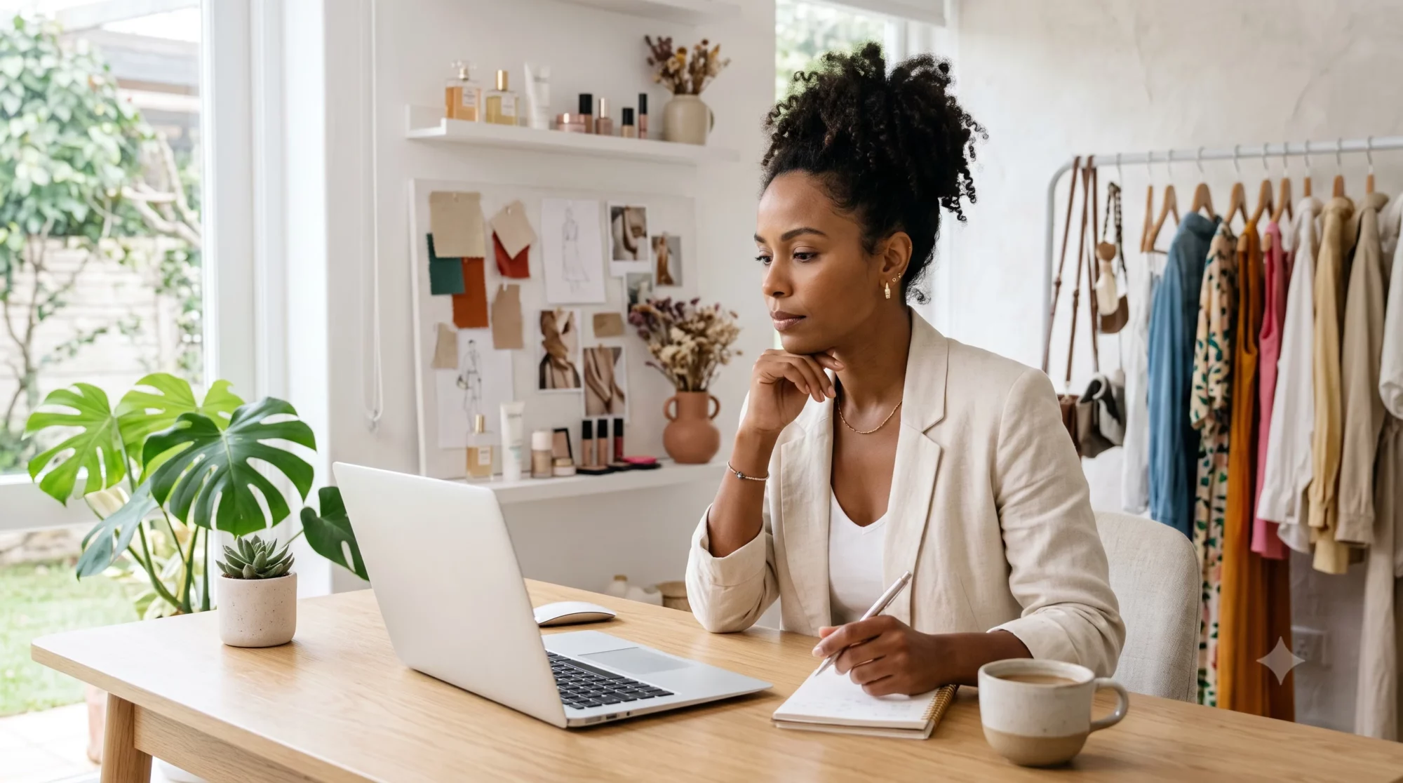 Empreendedora planejando o uso de inteligência artificial para vendas de forma estratégica em frente ao laptop