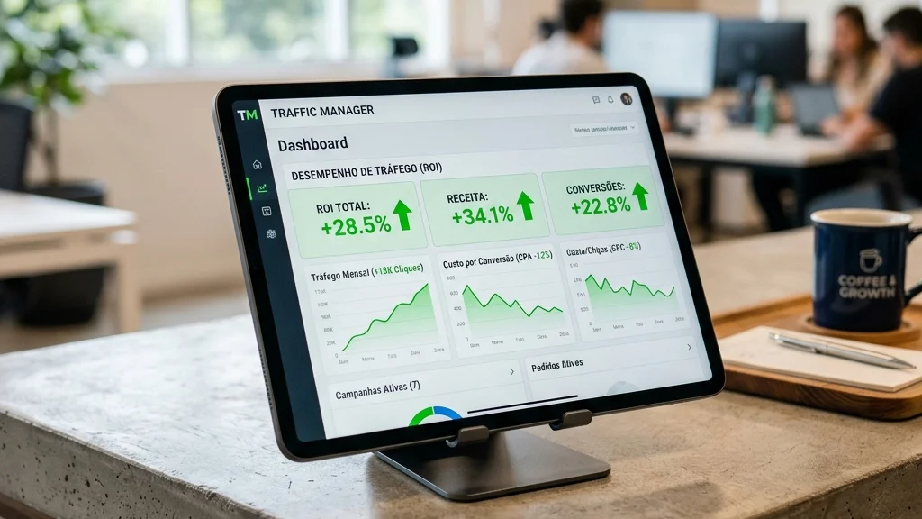 Gerenciador de tráfego pago mostrando ROI de loja virtual própria versus marketplace