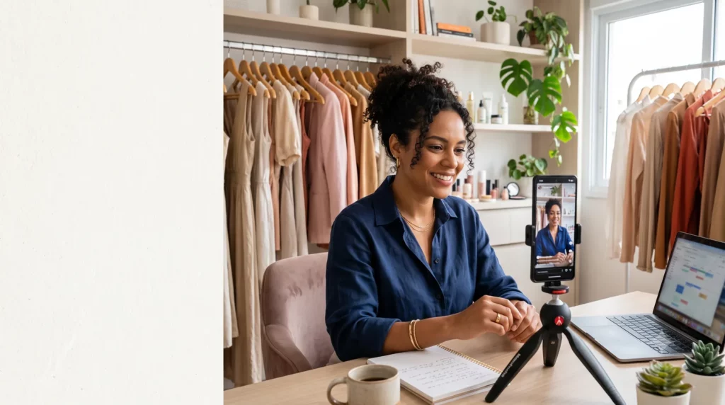 Empreendedora de e-commerce de moda e beleza produzindo conteúdo de Meta Ads para Instagram