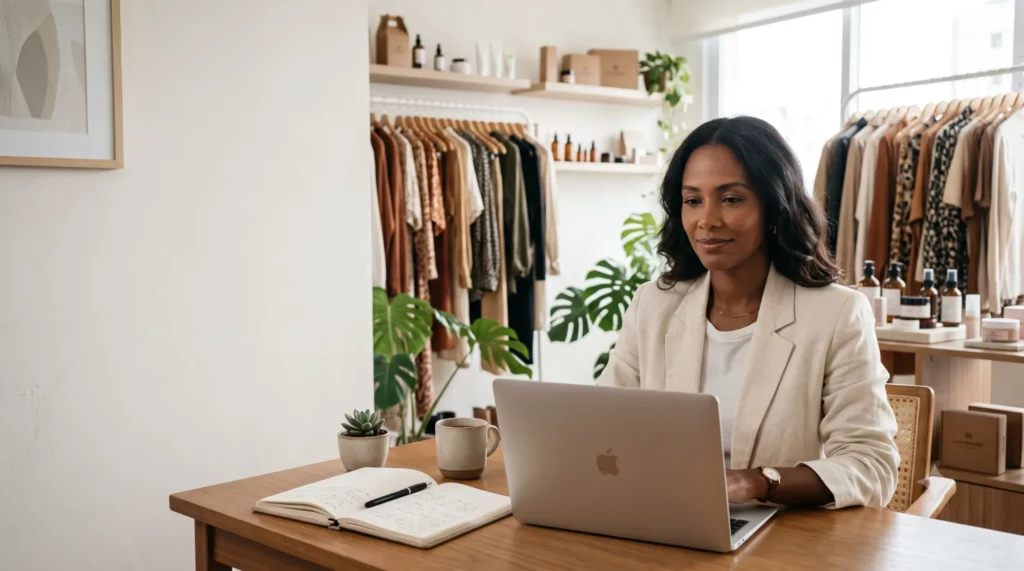 Empreendedora dona de e-commerce de moda e beleza trabalhando com inteligência artificial para vendas em home office claro