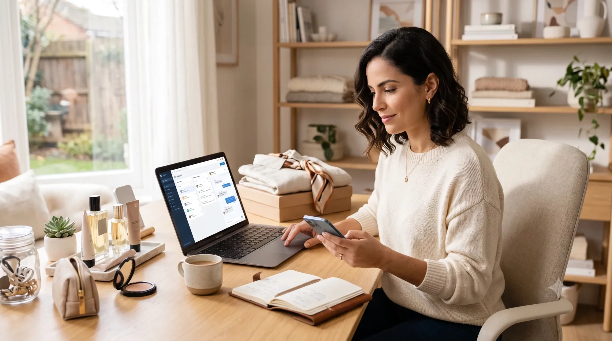 Empreendedora organizando contatos e conversas de clientes no laptop para vender pelo WhatsApp