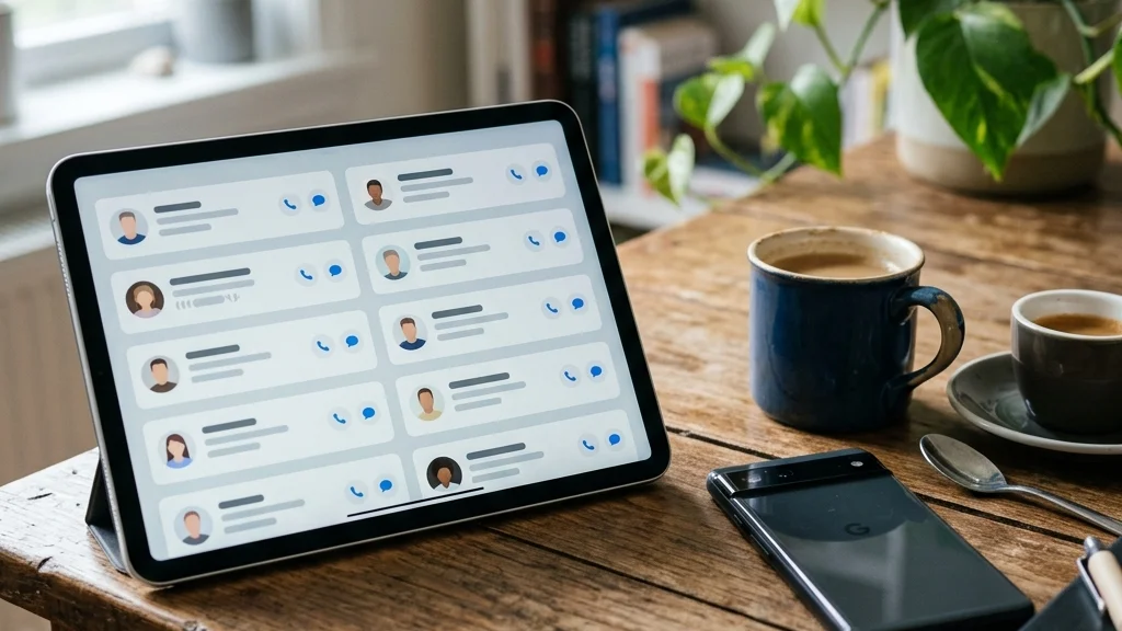 Tablet com contatos de CRM usados para remarketing e retenção de clientes