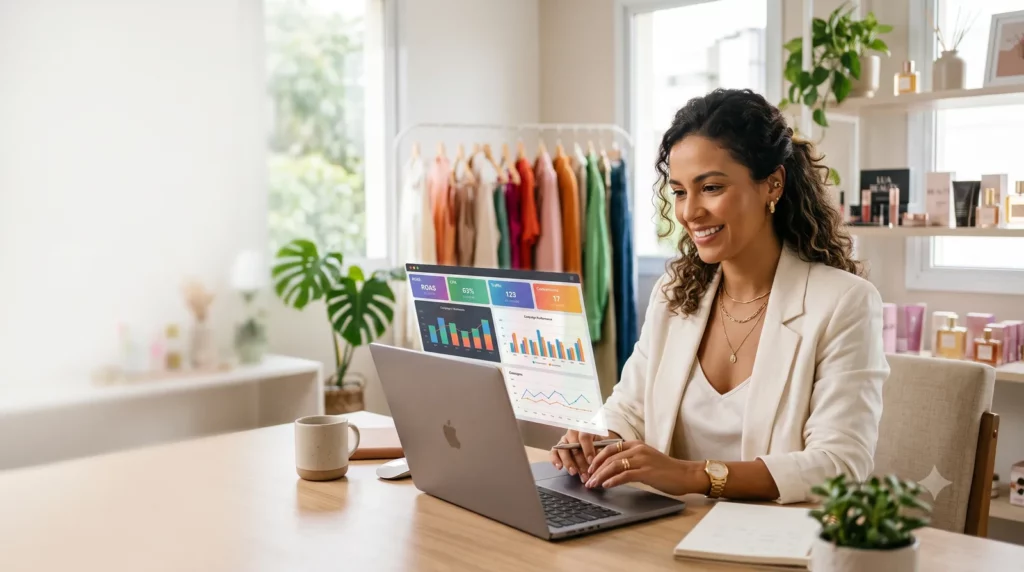 Empreendedora de e-commerce de moda e beleza analisando campanhas de tráfego pago para e-commerce
