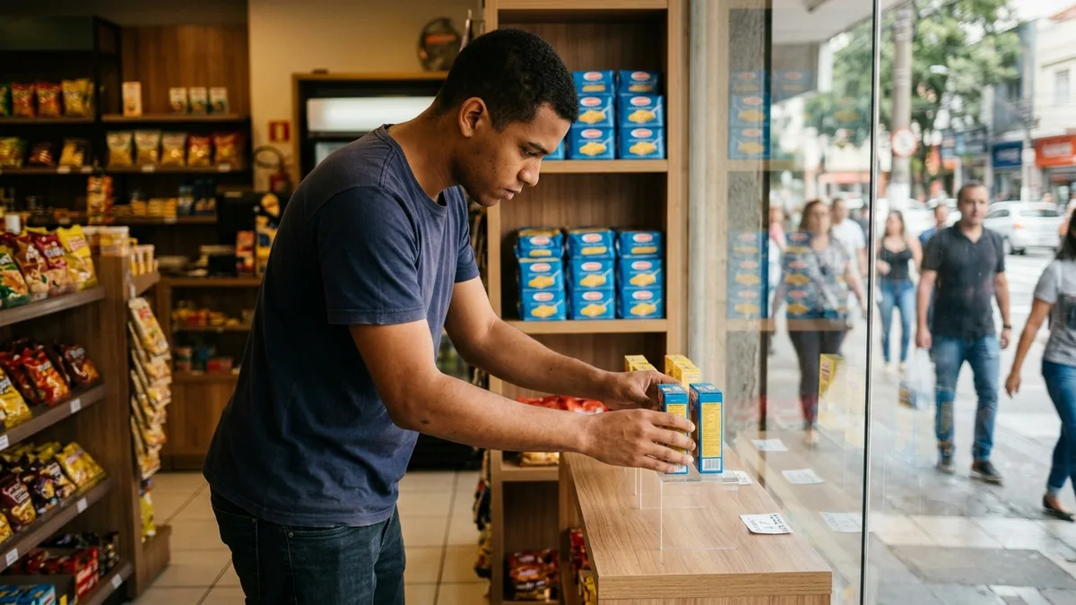 Funcionário organizando na vitrine o mesmo produto que está empilhado na prateleira ao fundo da loja.