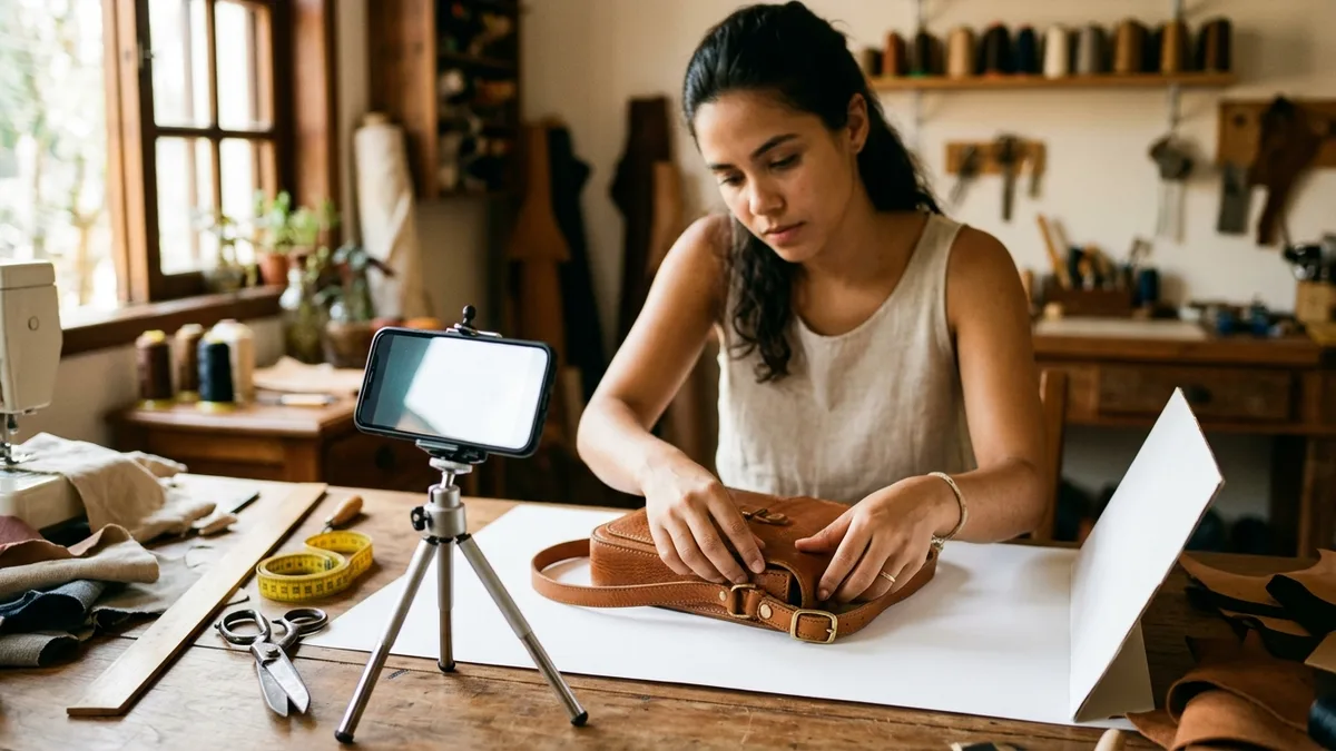 Lojista ajeitando uma bolsa de couro sobre fundo branco para fotografar o produto com o celular preso em um tripé de mesa.