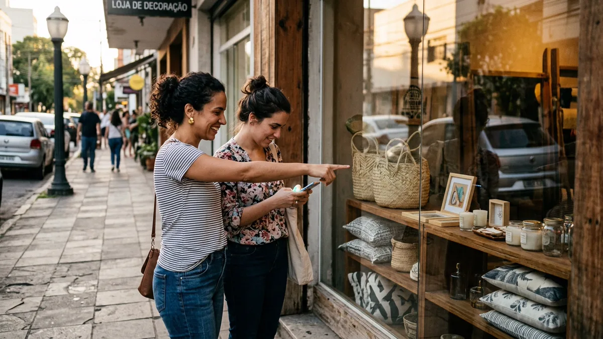 Duas clientes paradas na calçada elogiando a vitrine de uma loja de decoração e seguindo caminho sem entrar.