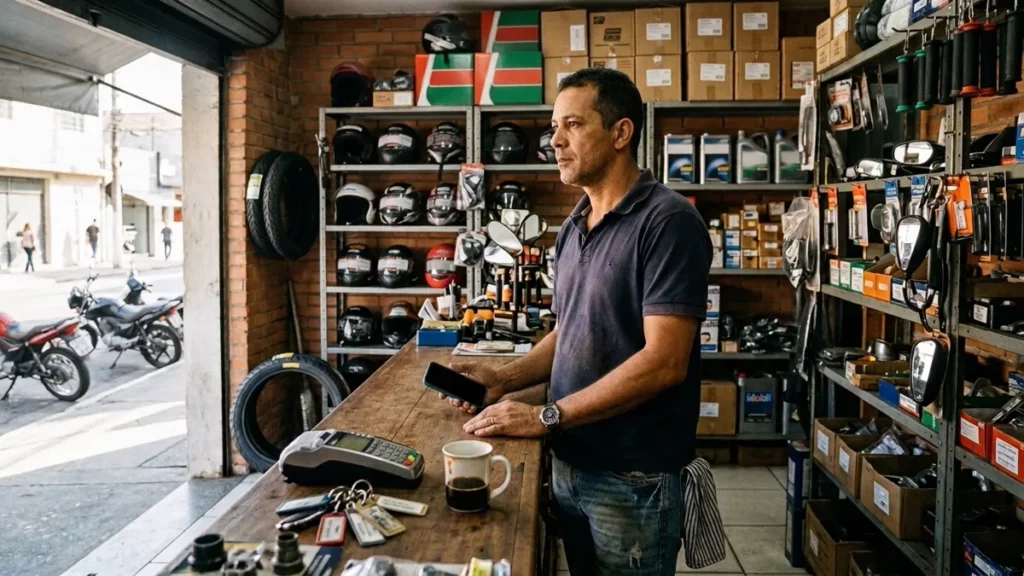 Dono de uma loja de peças de moto olhando para a rua vazia no horário que costumava ser movimentado, quando o anúncio parou de vender.