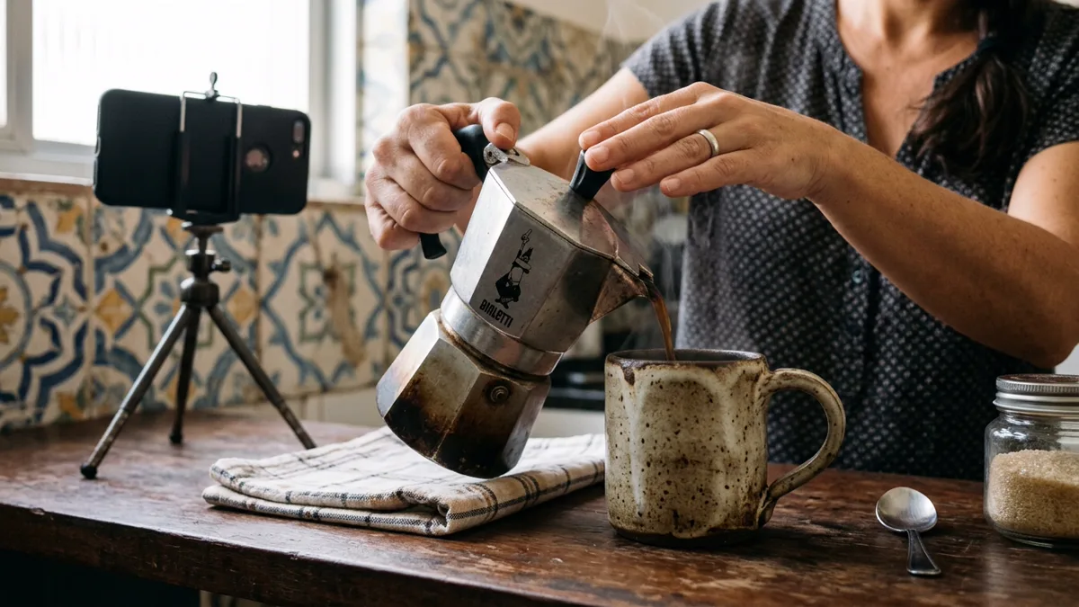 Mãos servindo café em uma caneca de cerâmica artesanal na bancada da cozinha, com o celular em um tripé registrando o uso real do produto.