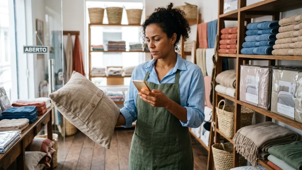 Lojista brasileira de uma loja de cama, mesa e banho segurando uma almofada e o celular enquanto pensa em como fazer anúncio que vende para o próprio produto.