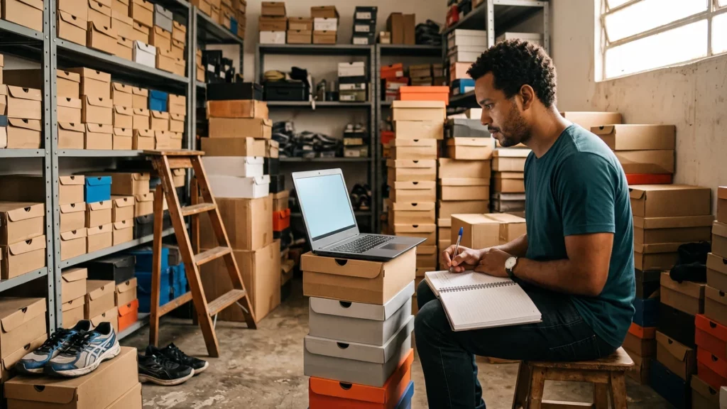 Dono de loja de tênis sentado entre caixas do estoque com o notebook apoiado em uma pilha de caixas, planejando como investir em tráfego pago.