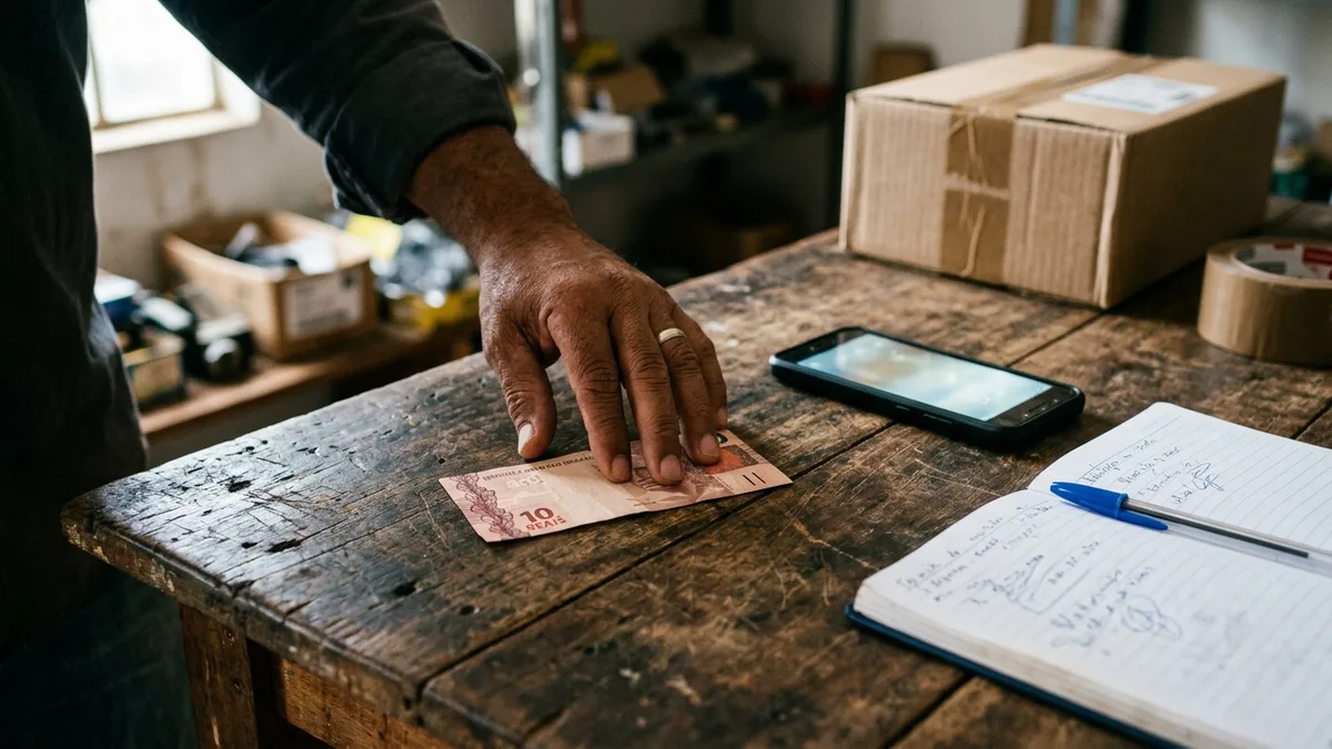 Mãos de um lojista colocando uma nota de dez reais sobre a mesa dos fundos da loja, ao lado do celular e de um caderno de anotações.