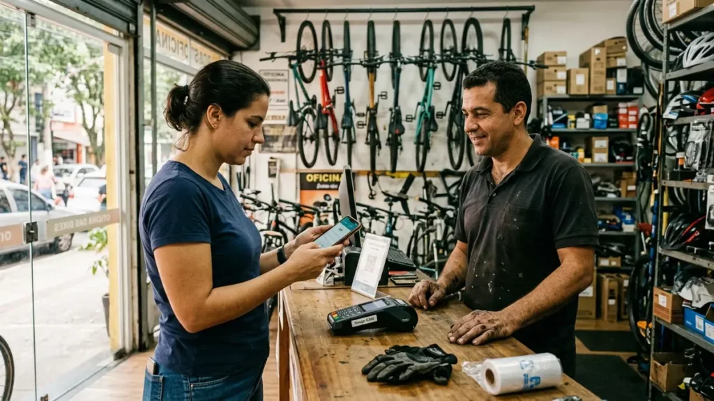 Cliente pagando pelo celular com desconto no Pix no balcão de uma loja de bicicletas de bairro, com o lojista acompanhando a operação.