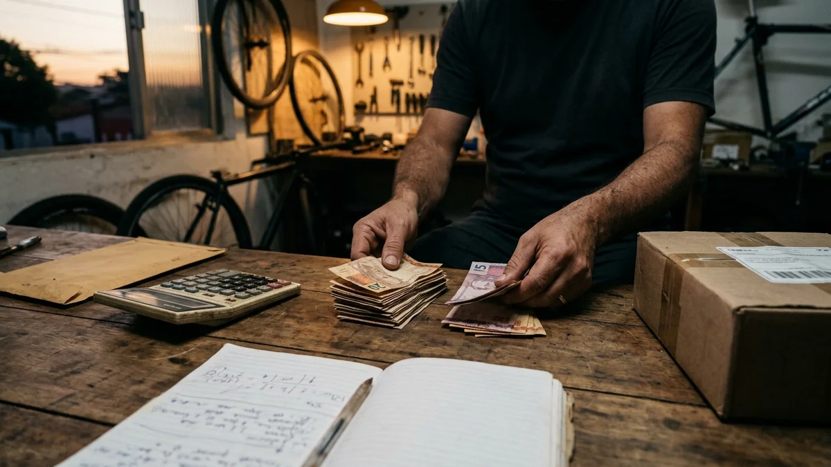 Mãos do lojista separando notas em dois montes desiguais sobre a mesa dos fundos, ao lado da calculadora e de um pedido já embalado.