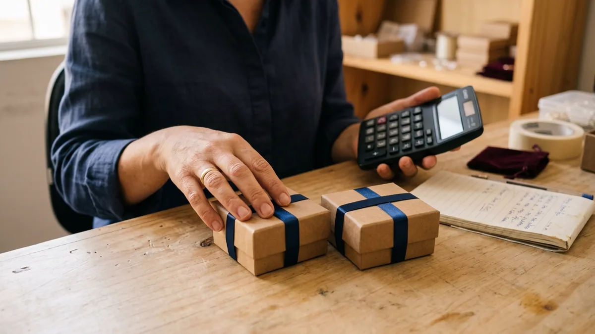 Mãos de uma lojista sobre dois pedidos idênticos já embalados na bancada dos fundos, ao lado de uma calculadora e de um bloco de anotações.