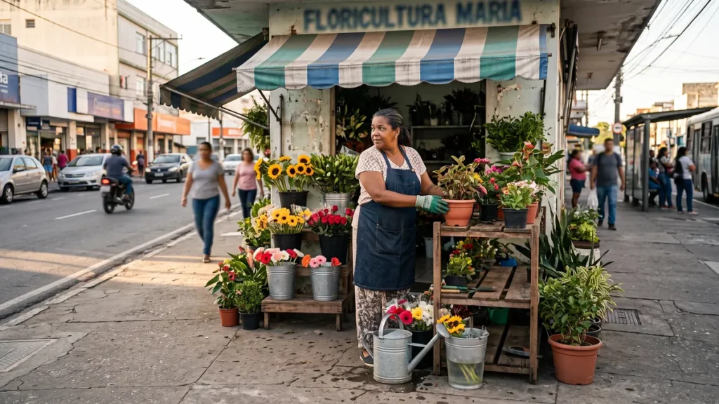 Dona de floricultura arrumando vasos e flores na calçada em frente à loja pela manhã, uma das formas mais antigas de divulgação de loja.