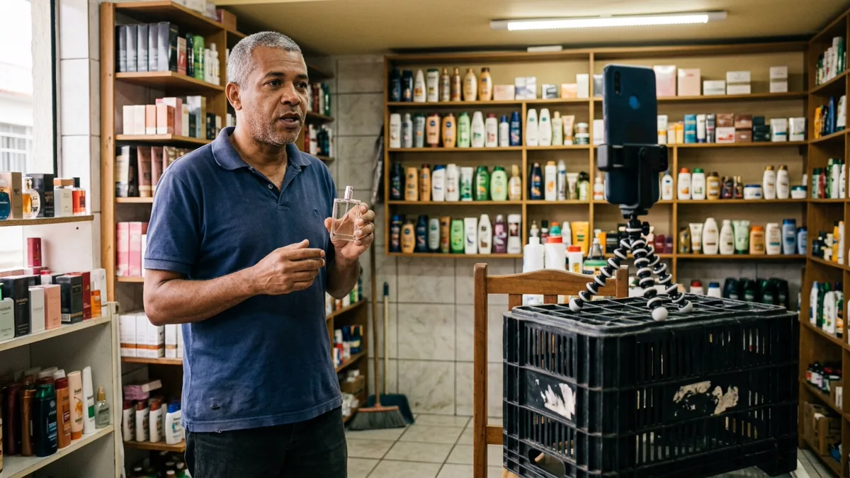 Dono de uma loja de cosméticos falando na frente do celular preso a um tripé de mesa improvisado enquanto mostra um frasco do próprio estoque.