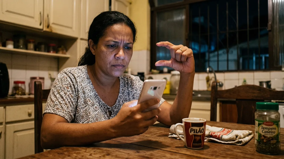 Compradora em casa olhando o celular com a testa franzida e medindo um espaço no ar com os dedos, tentando entender o tamanho real do produto.