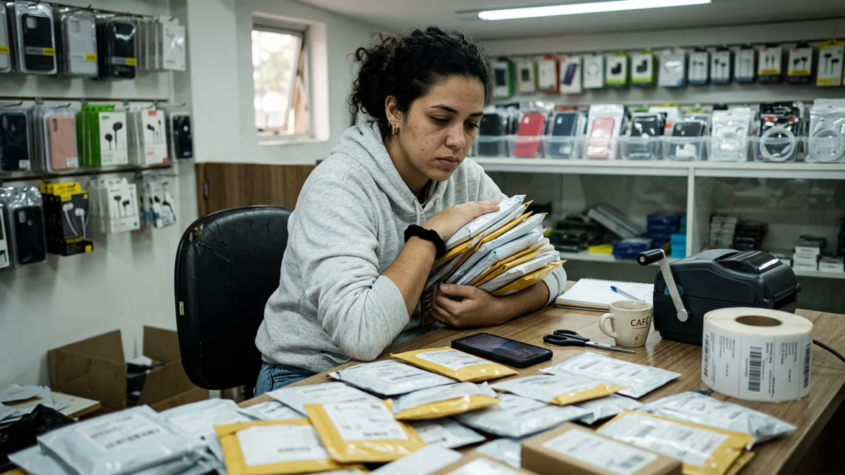 Lojista de acessórios para celular diante de uma mesa cheia de envelopes pequenos iguais, todos prontos para postar.