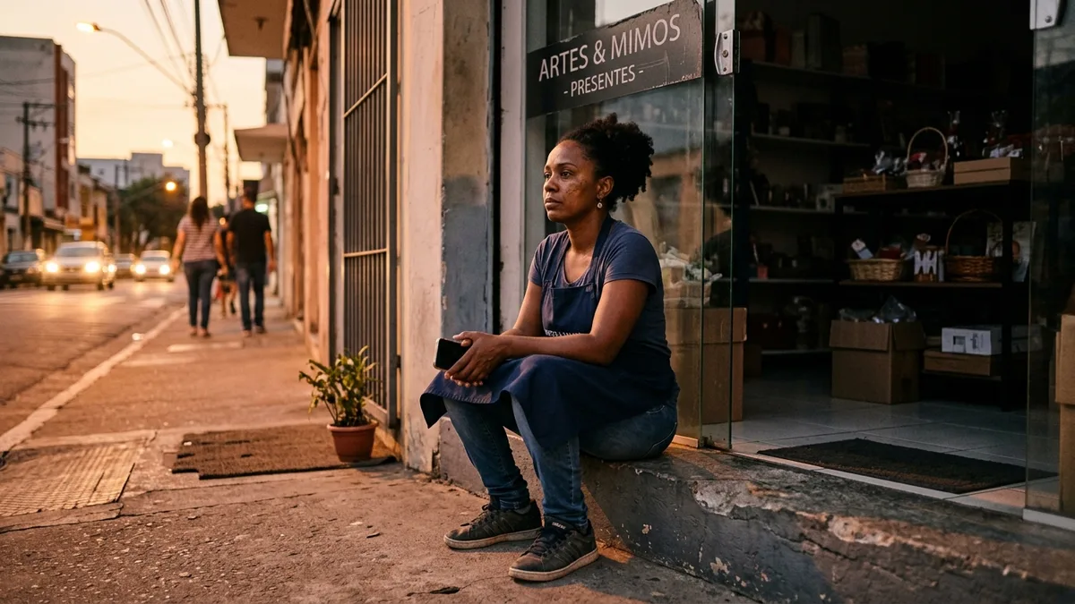 Dona de loja de presentes sentada no degrau da entrada no fim da tarde, com o celular no colo e a loja já apagada atrás dela.