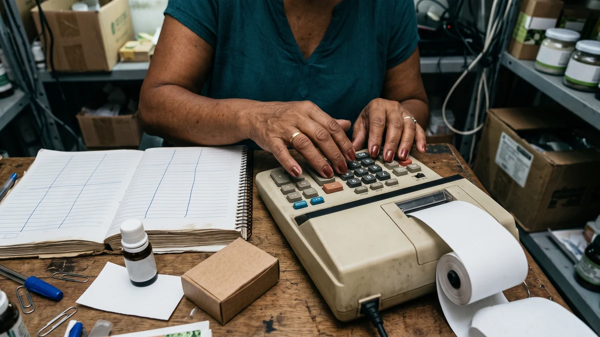 Mãos de lojista usando uma calculadora de mesa com bobina de papel ao lado do caderno de contas e de um produto da loja.
