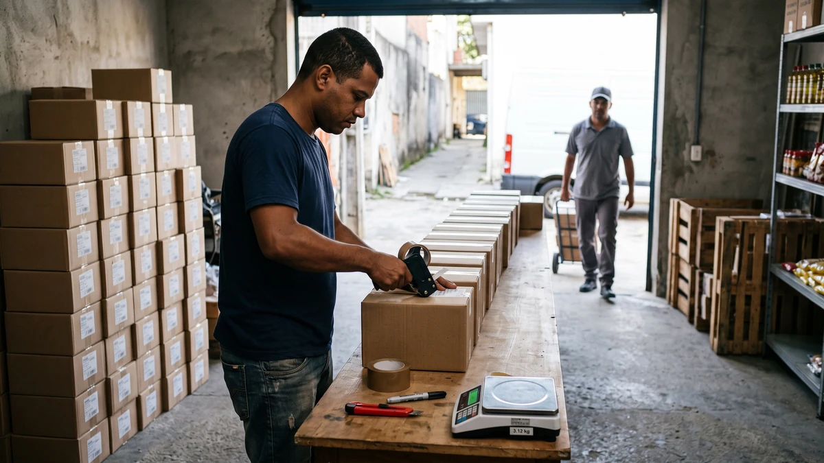 Lojista colando etiquetas de envio em caixas iguais enquanto um entregador com carrinho chega na porta dos fundos para a coleta.