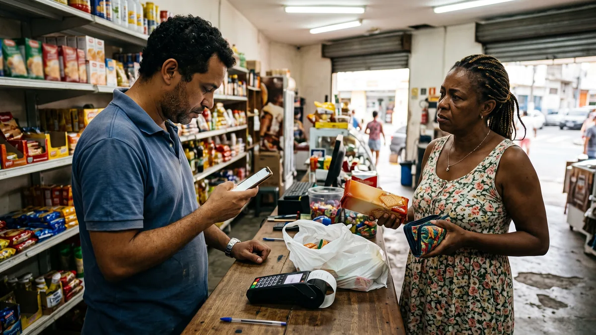 Lojista preso na tela do celular atrás do balcão enquanto uma cliente espera em pé para pagar, segurando o produto e a carteira.
