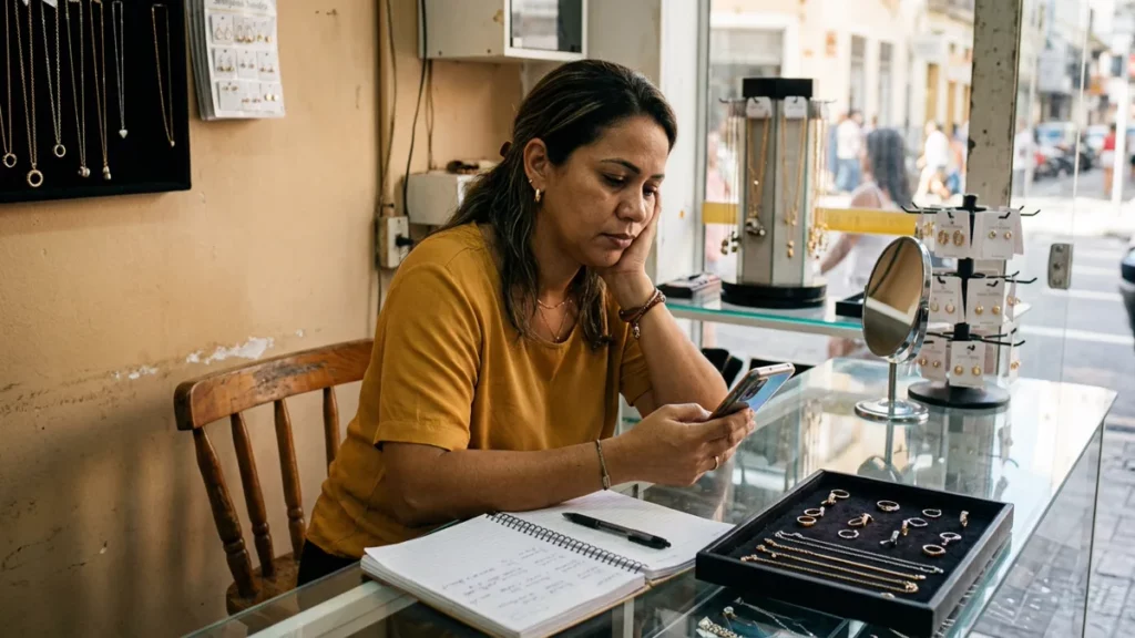 Lojista de semijoias conferindo o celular atrás do balcão da própria loja e se perguntando por que meu anúncio não vende.