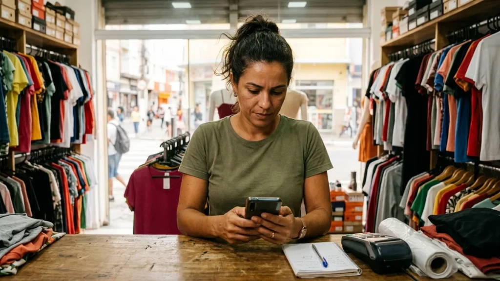 Lojista brasileira conferindo o celular atrás do balcão da própria loja de roupas enquanto avalia quanto custa anunciar no Instagram.