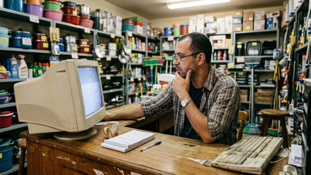 Dono de loja de utilidades domésticas analisando a tela do computador do balcão enquanto avalia quanto custa anunciar no Google para a loja dele.