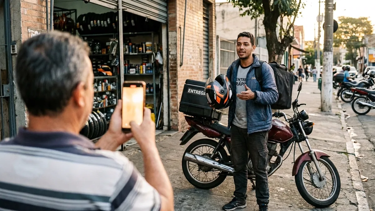 Dono de uma loja de peças de moto filmando com o celular o depoimento de um cliente entregador na calçada, ao lado da moto de trabalho.