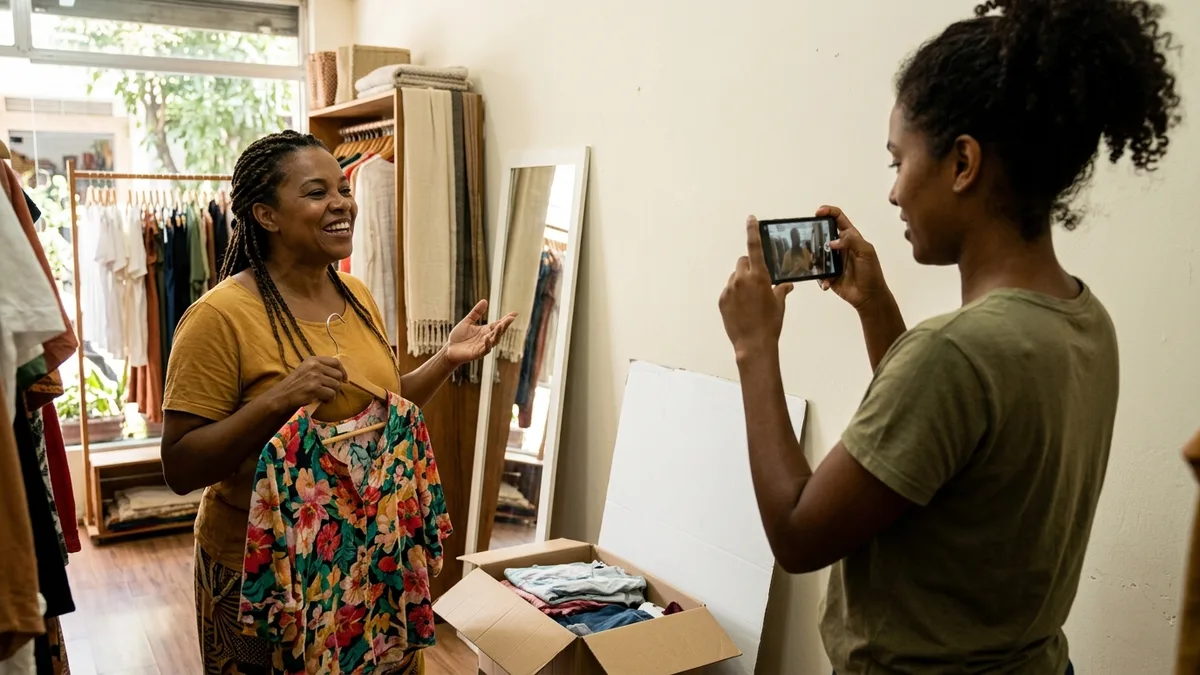 Duas lojistas gravando um vídeo curto de produto com o celular dentro da loja, usando papelão branco como rebatedor improvisado.