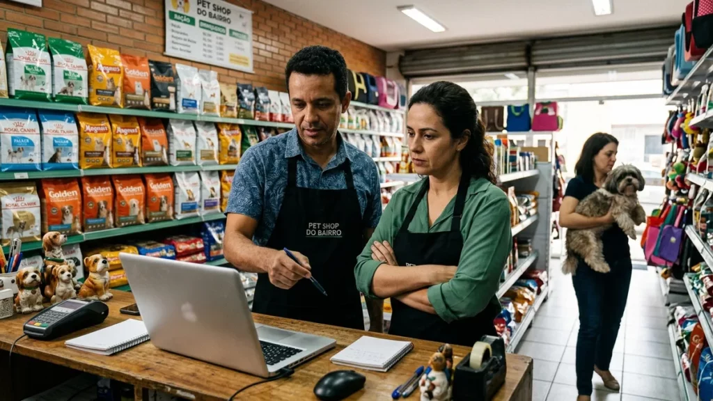 Casal de donos de um pet shop analisando juntos a tela do notebook no balcão para decidir se tráfego pago vale a pena para a loja.