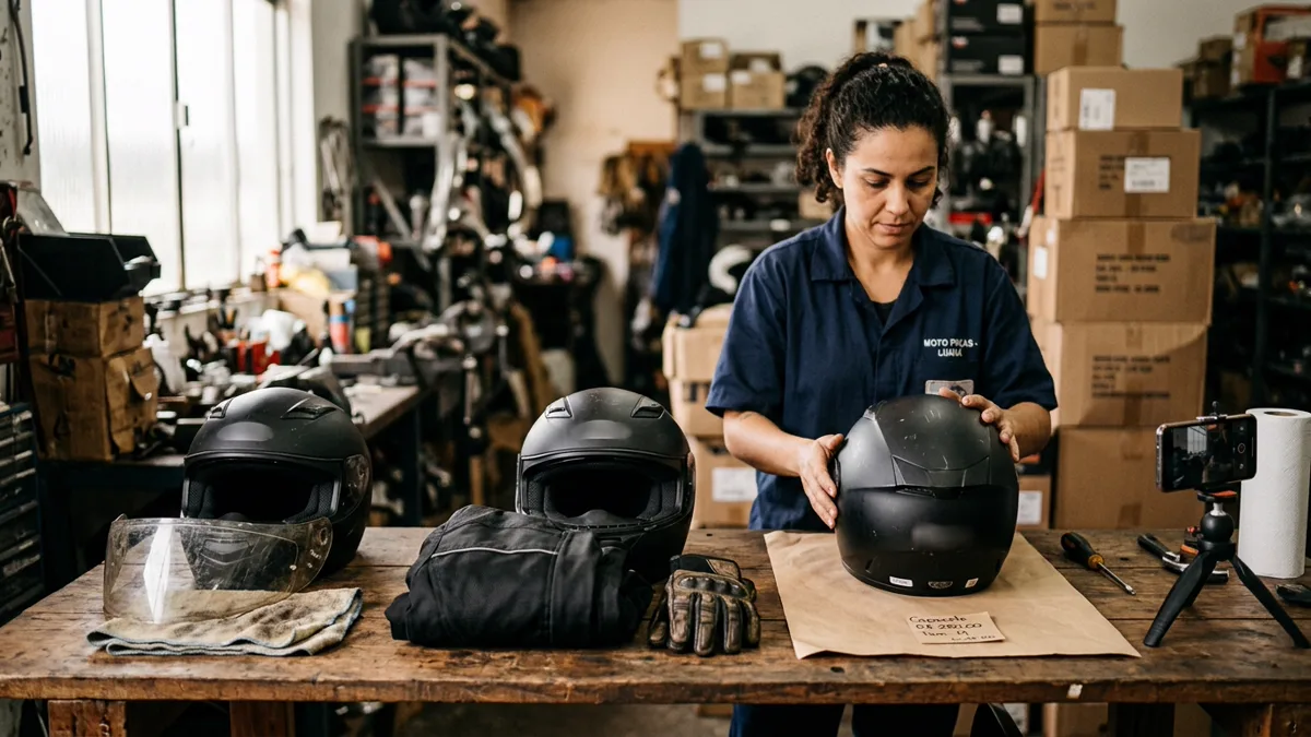 Funcionária de uma loja de motopeças montando três arranjos diferentes do mesmo capacete na bancada para fotografar com o celular preso em um tripé.