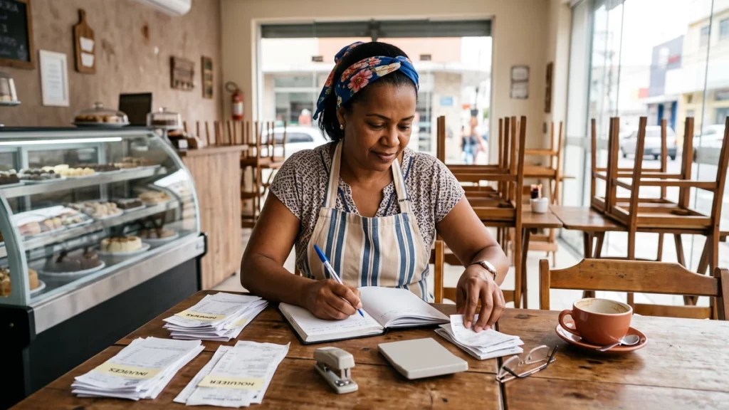 Dona de doceria sentada no salão vazio pela manhã organizando comprovantes e anotando no caderno para definir a verba de marketing do mês.