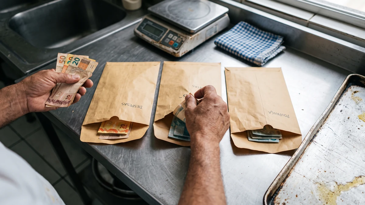 Mãos separando cédulas em três envelopes de papel pardo sobre a bancada de aço de uma cozinha comercial.
