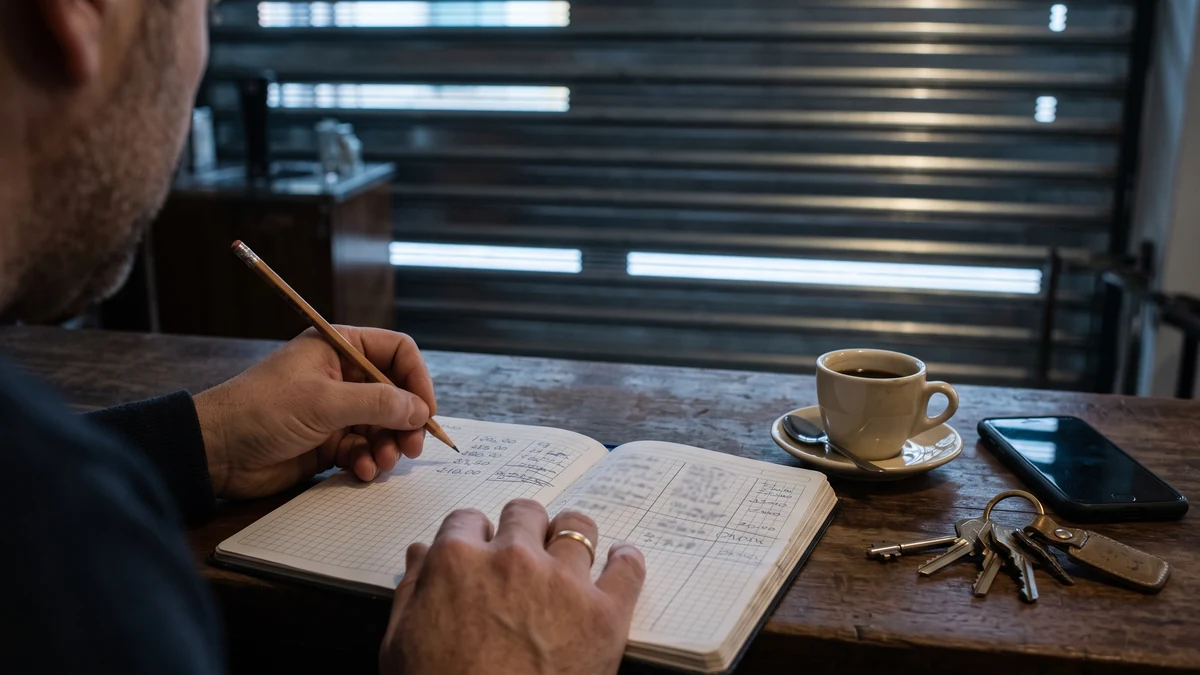 Mãos anotando valores em um caderno quadriculado no balcão da loja ainda fechada, com a grade baixada ao fundo.