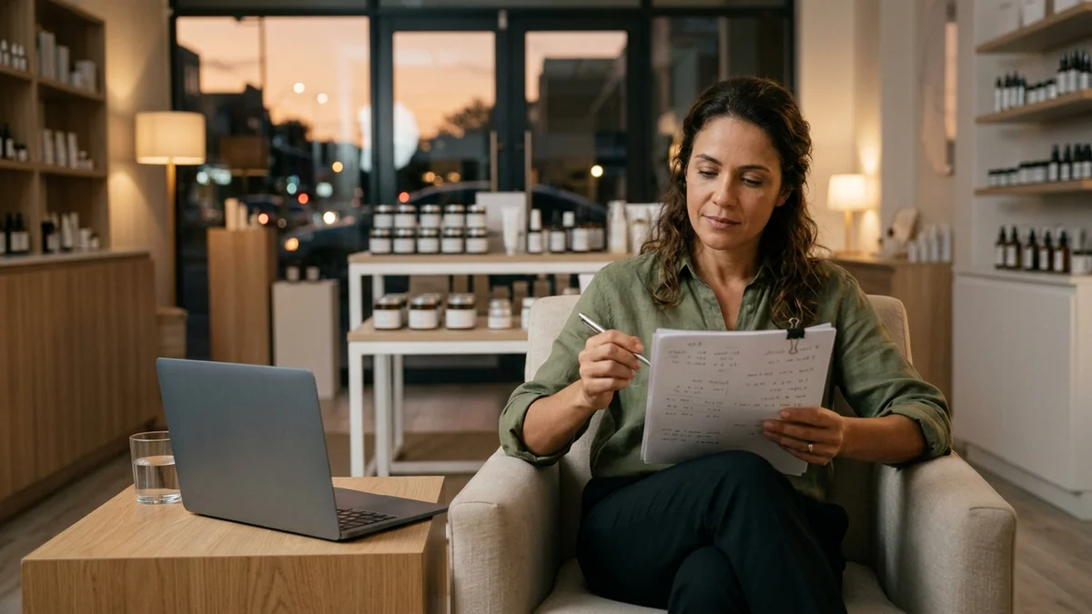 Dona de loja de cosméticos revisando folhas impressas no salão fechado ao fim do dia, conferindo se os primeiros meses de trabalho seguem a direção combinada.