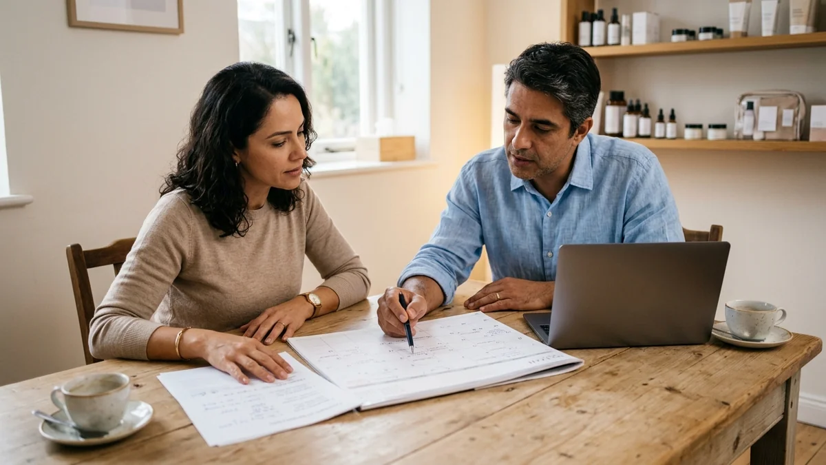 Consultor e dona de loja de cosméticos debruçados sobre um calendário de papel na mesa de reunião, escolhendo as prioridades de marketing dos próximos meses.