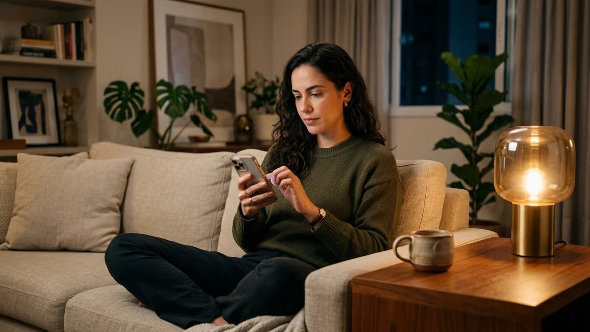 Consumidora no sofá de casa pesquisando e comparando produtos pelo celular à noite durante a campanha de Black Friday.