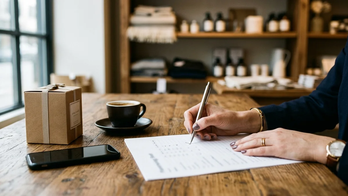 Mãos de empresária definindo no papel um calendário anual enxuto, focando apenas nas datas comemorativas mais rentáveis para a loja.