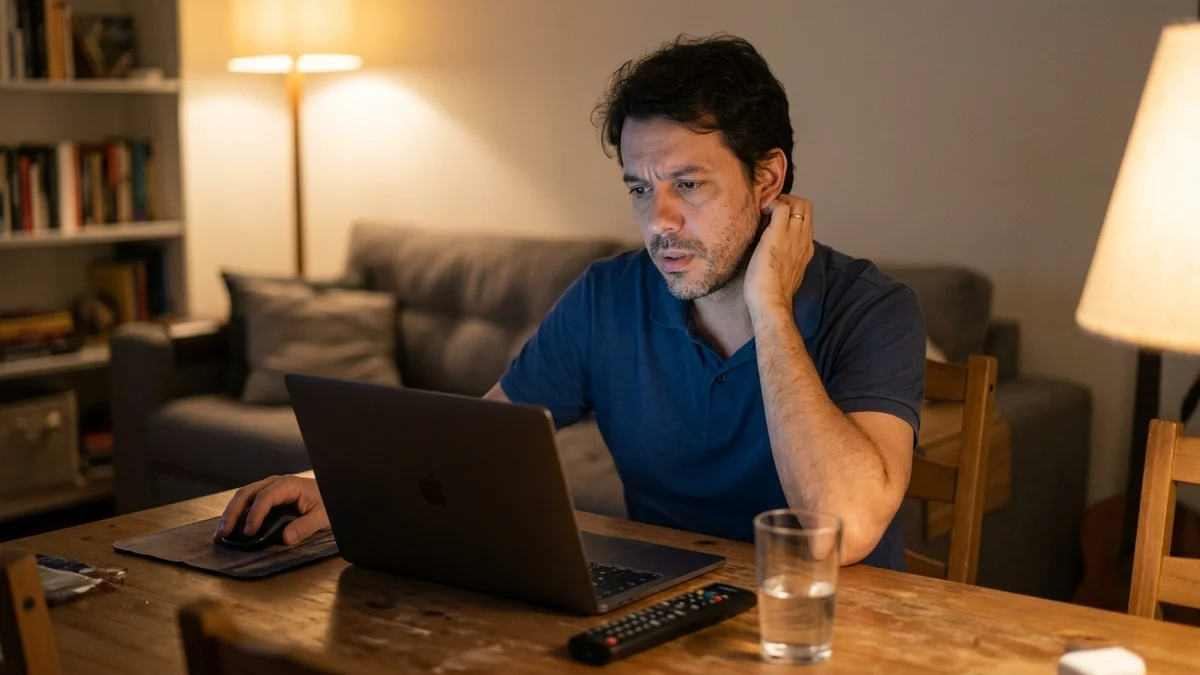 Consumidor em casa diante do notebook, esperando uma página lenta terminar de carregar durante uma compra.