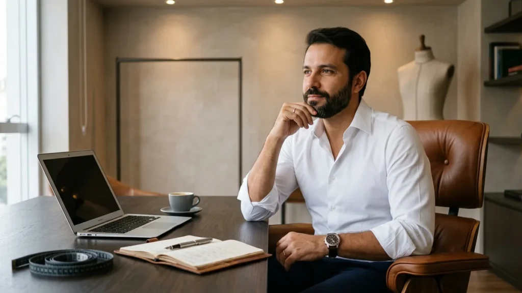 Dono de marca de moda masculina trabalhando na mesa de seu estúdio executivo, bastidor de gestão que construiu um case de sucesso e-commerce.